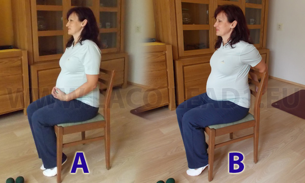 Cvik - Tehotenské cviky - stláčanie rúk v sede na stoličke za chrbtom